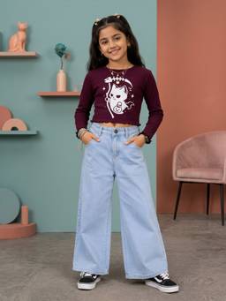 KiddoPanti - Wine Cotton Full Sleeves Round Neck Regular T-Shirt With Jeans