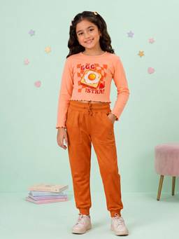KiddoPanti - Orange Cotton Full Sleeves Round Neck Regular T-Shirt With Joggers