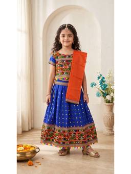 Ahhaaaa - Blue Cotton Round Neck Embroidered Lehenga With Choli & Dupatta