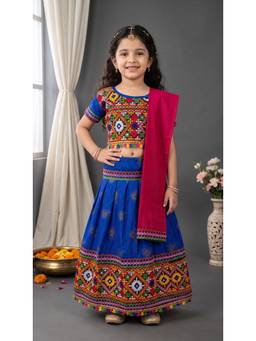 Ahhaaaa - Blue Cotton Round Neck Embroidered Lehenga With Choli & Dupatta