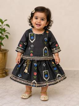 BAATCHEET - Black Cotton Round Neck Embellished Lehenga With Choli