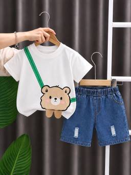 Googo Gaaga - Off White Cotton Half Sleeves Round Neck Regular T-shirt With Shorts