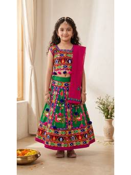 Ahhaaaa - Green Cotton Round Neck Embroidered Lehenga With Choli & Dupatta