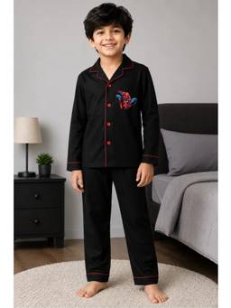 Shopbloom - Black Cotton Collar Neck Comfortable Fit Printed Shirt With Pyjama