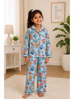 Shopbloom - Blue Cotton Collar Neck Comfortable Fit Printed Shirt With Pyjama