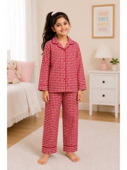 Shopbloom - Red Cotton Collar Neck Comfortable Fit Printed Shirt With Pyjama
