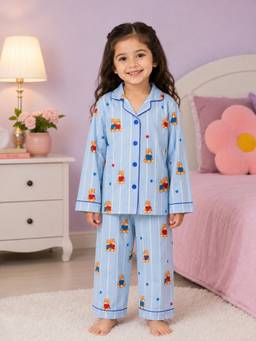 Shopbloom - Blue Cotton Collar Neck Comfortable Fit Printed Shirt With Pyjama