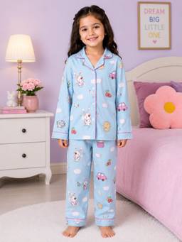 Shopbloom - Blue Cotton Collar Neck Comfortable Fit Printed Shirt With Pyjama