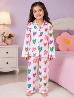 Shopbloom - White Cotton Collar Neck Comfortable Fit Printed Shirt With Pyjama