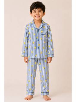 Shopbloom - Blue Cotton Collar Neck Comfortable Fit Printed Shirt With Pyjama