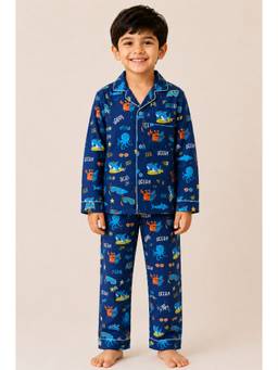 Shopbloom - Blue Cotton Collar Neck Comfortable Fit Printed Shirt With Pyjama
