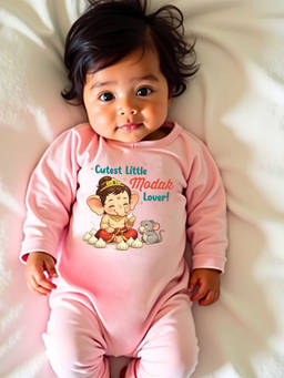 KNITROOT - Pink Ganesh Chaturthi Theme Full Sleeves Cutest Little Modak Lover! Romper