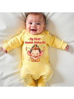 KNITROOT - Yellow Ganesh Chaturthi Theme Full Sleeves My First Ganesh Chaturthi Romper