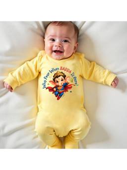KNITROOT - Yellow Ganesh Chaturthi Theme Full Sleeves Why Fear When Bappa Is Here! Romper