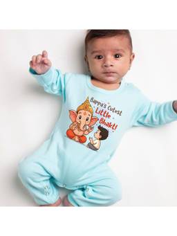KNITROOT - Blue Ganesh Chaturthi Theme Full Sleeves Bappa Cutest Little Bhakt! Romper