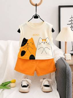 Googo Gaaga - Off White Cotton Sleeveless Round Neck Regular T-shirt With Shorts