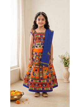 Ahhaaaa - Orange Cotton Round Neck Embroidered Lehenga With Choli & Dupatta