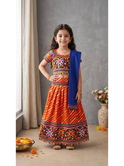 Ahhaaaa - Orange Cotton Round Neck Embroidered Lehenga With Choli & Dupatta