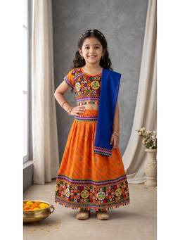 Ahhaaaa - Orange Cotton Round Neck Embroidered Lehenga With Choli & Dupatta
