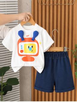 Googo Gaaga - Off White Cotton Half Sleeves Round Neck Regular T-shirt With Shorts