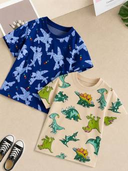 Googo Gaaga - Multi-Color Cotton Half Sleeves Round Neck Printed T-shirts (Pack of 2)