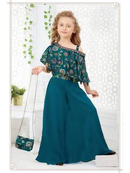 PINK LEAF - Green Silk Blend One Shoulder Printed Top With Palazzo & Sling Bag