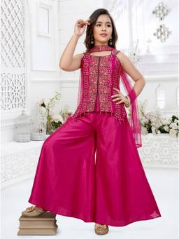 PINK LEAF - Pink Silk Blend Square Neck Embroidered Kurta With Palazzo & Dupatta