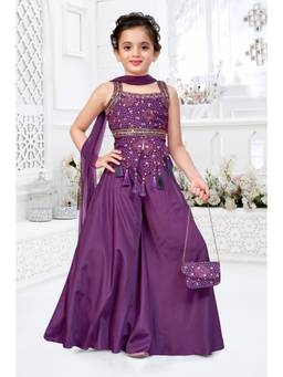 PINK LEAF - Purple Silk Blend Square Neck Bandhani Top With Palazzo & Dupatta & Sling Bag