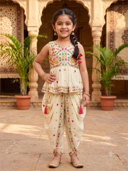 PINK LEAF - Cream Silk Blend V-Neck Embroidered Top With Dhoti