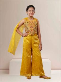 PINK LEAF - Yellow Silk Blend Round Neck Embroidered Top With Palazzo & Dupatta