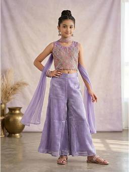 PINK LEAF - Lavender Silk Blend Round Neck Embroidered Crop Top With Palazzo & Dupatta