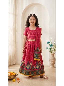 Ahhaaaa - Magenta Cotton Round Neck Embroidered Lehenga With Choli & Dupatta