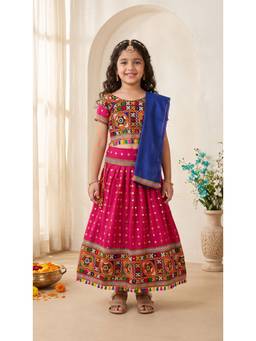 Ahhaaaa - Magenta Cotton Round Neck Embroidered Lehenga With Choli & Dupatta