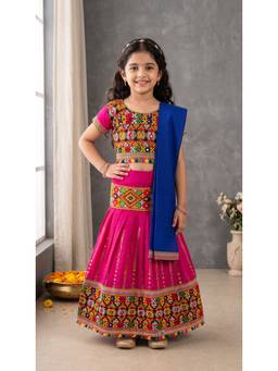 Ahhaaaa - Magenta Cotton Round Neck Embroidered Lehenga With Choli & Dupatta