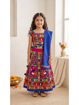 Ahhaaaa - Magenta Cotton Round Neck Embroidered Lehenga With Choli & Dupatta