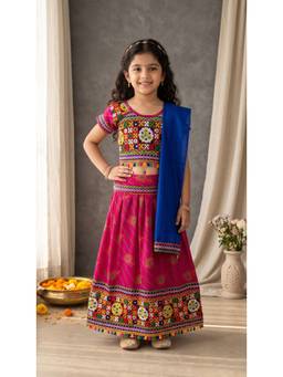 Ahhaaaa - Magenta Cotton Round Neck Embroidered Lehenga With Choli & Dupatta