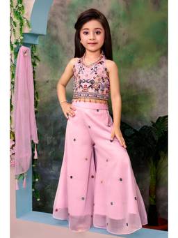 PINK LEAF - Pink Georgette Halter Neck Embroidered Crop Top With Palazzo & Dupatta