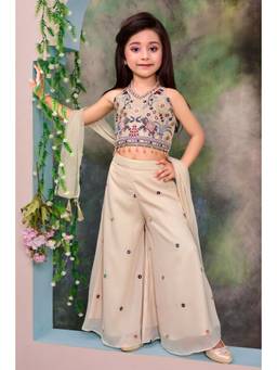 PINK LEAF - Beige Georgette Halter Neck Embroidered Crop Top With Palazzo & Dupatta