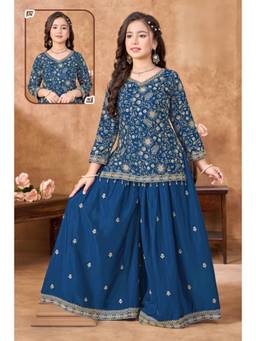 PINK LEAF - Navy Blue Silk Blend V-Neck Embroidered Kurta With Sharara