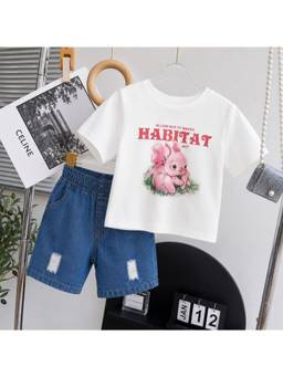 Googo Gaaga - Off White Cotton Half Sleeves Round Neck Regular T-shirt With Shorts