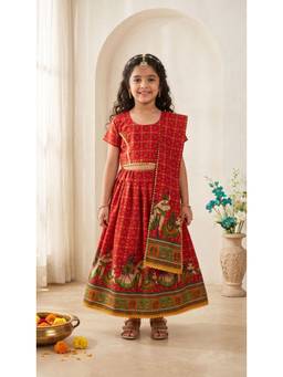Ahhaaaa - Red Cotton Round Neck Embroidered Lehenga With Choli & Dupatta