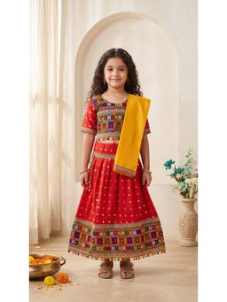 Ahhaaaa - Red Cotton Round Neck Embroidered Lehenga With Choli & Dupatta