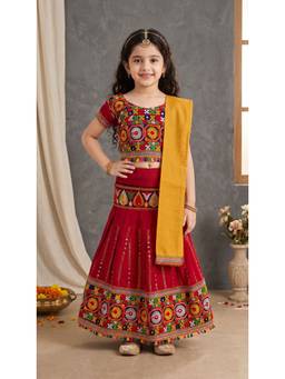 Ahhaaaa - Red Cotton Round Neck Embroidered Lehenga With Choli & Dupatta