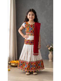 Ahhaaaa - White Cotton Round Neck Embroidered Lehenga With Choli & Dupatta