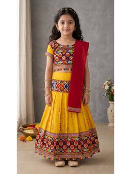 Ahhaaaa - Yellow Cotton Round Neck Embroidered Lehenga With Choli & Dupatta