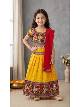 Ahhaaaa - Yellow Cotton Round Neck Embroidered Lehenga With Choli & Dupatta