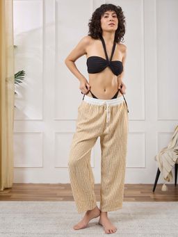 Secrets By ZeroKaata - Women Ribbed Halter Yellow Swim Bikini Set with Striped Pant