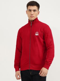 United Colors of Benetton - Men Red Solid Slim Fit High Neck Cotton Bomber Jacket