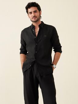 Andamen - Men Black Solid Regular Fit Collar Neck Linen Casual Shirt