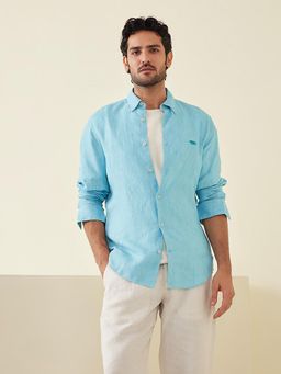 Andamen - Men Blue Solid Slim Fit Collar Neck Linen Casual Shirt